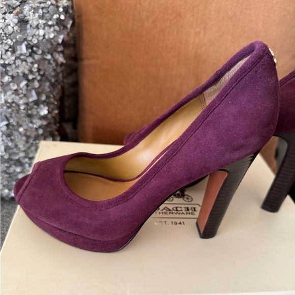 Coach Shoes - Coach Suede Peep Toe Platform Heels in Color Plum